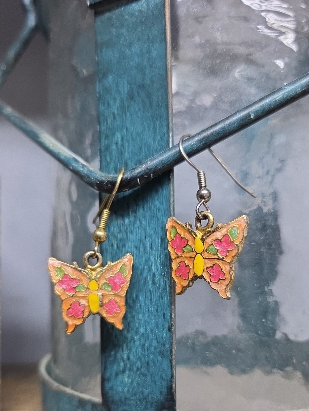 Vintage Cloisonne Butterfly Dangle Earrings
